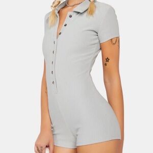 Blue Button-Up Women's One Piece Ribbed Romper